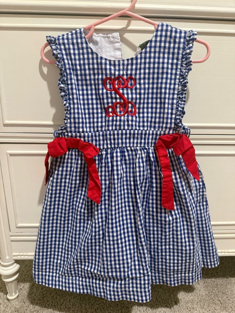 Cecil & Lou Blue Gingham Dress with Red Bow Accents Inital S